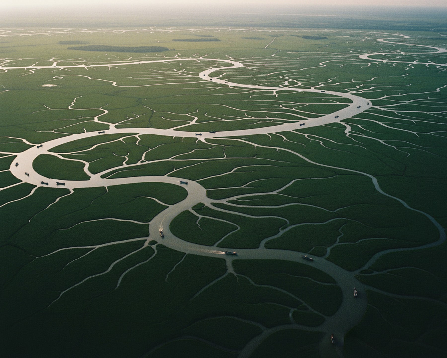 Silver river channels braiding through deep green delta farmland