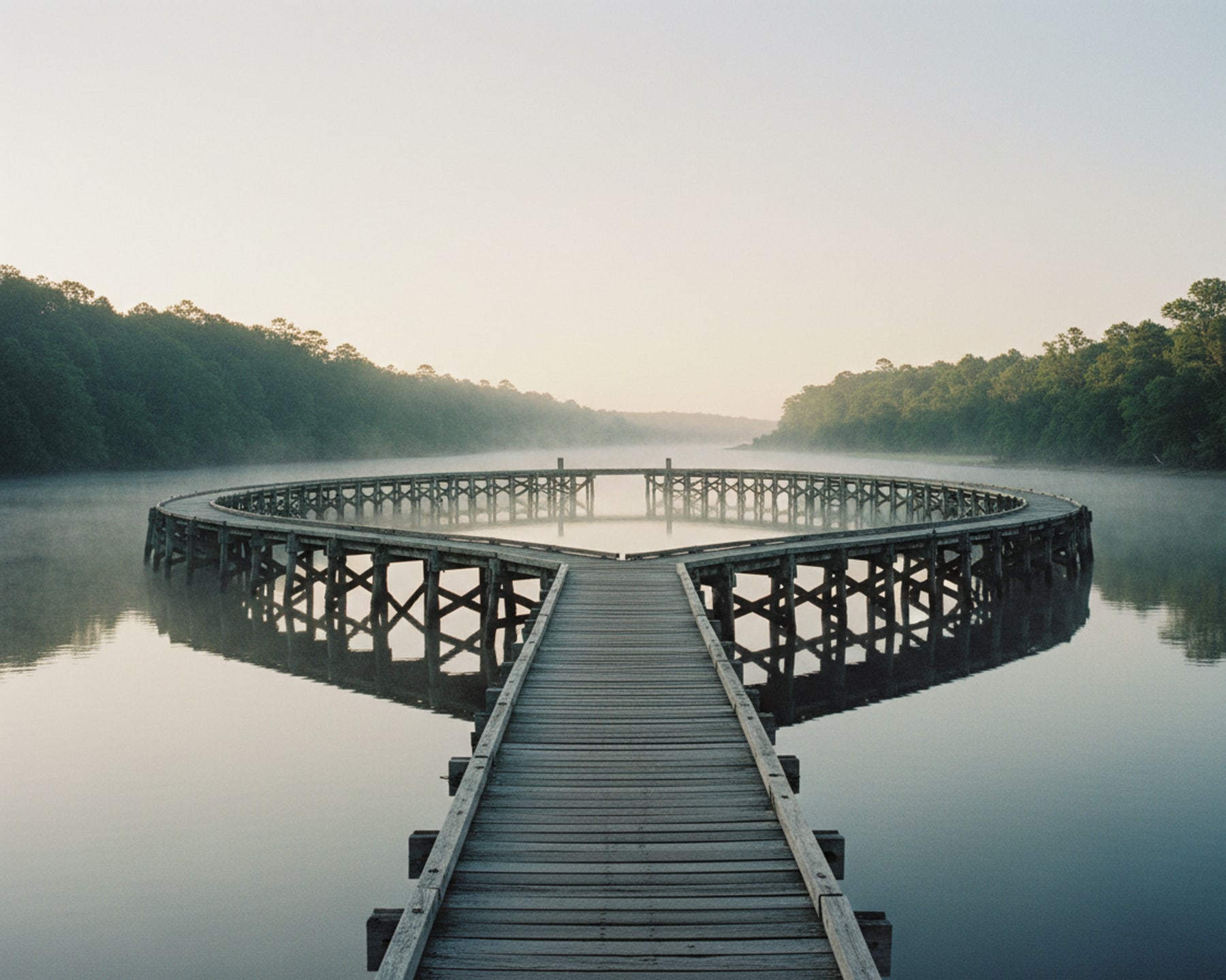 Two long jetties reaching toward each other across calm delta water at dawn