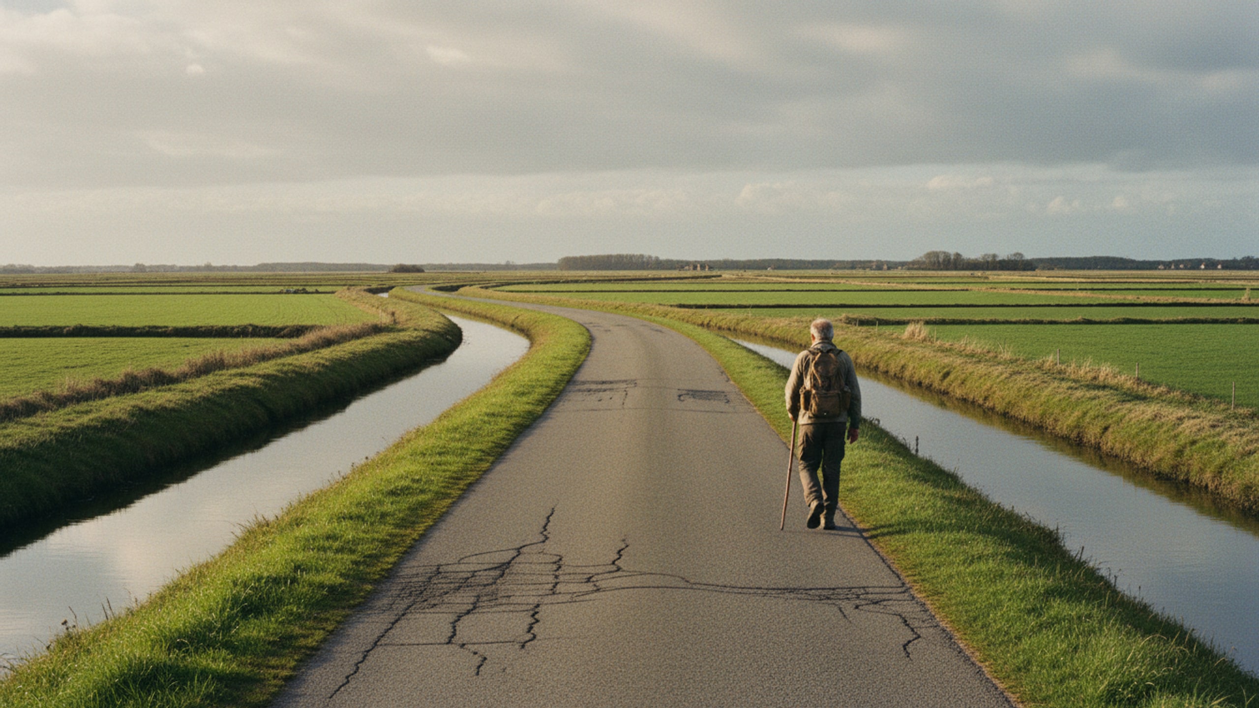 A single-lane road curving through flat delta country under a wide overcast sky