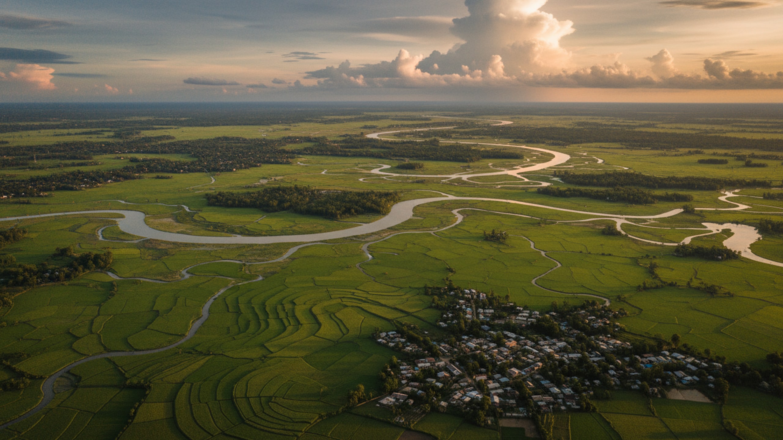Wide river channel crossing the Bengal delta at dawn, low banks and open sky