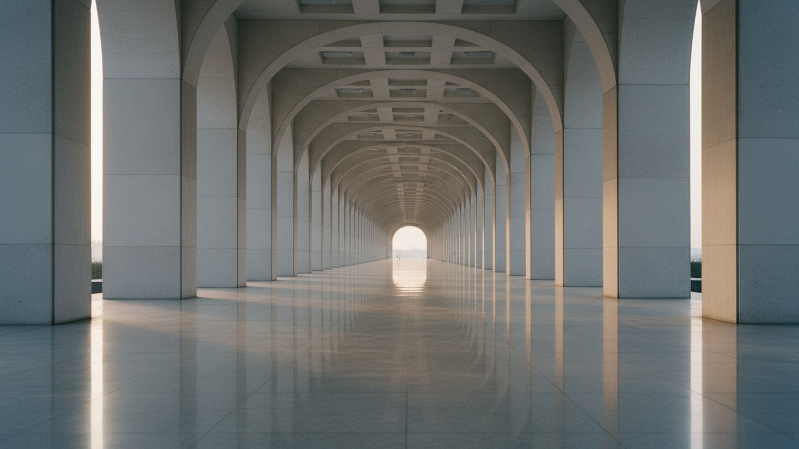 Quiet meeting room with a long table and tall windows in flat morning light