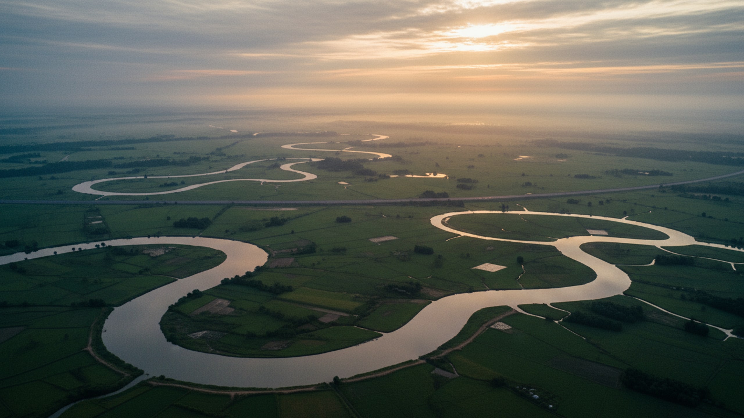 Aerial view of the Bengal delta at first light, river channels crossing green farmland