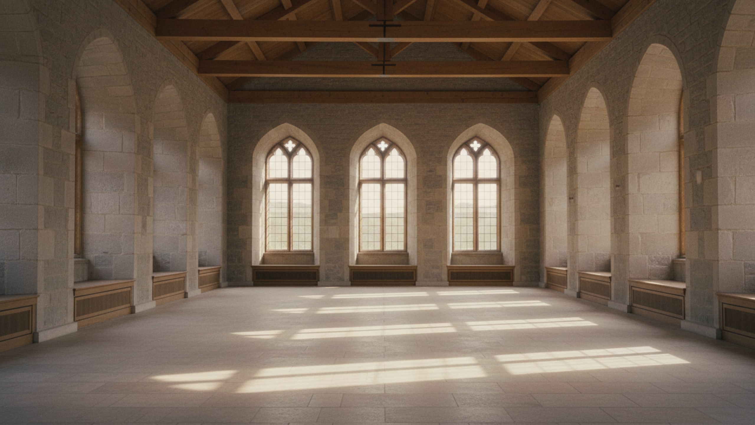 Reading room interior with tall windows and long tables in flat daylight