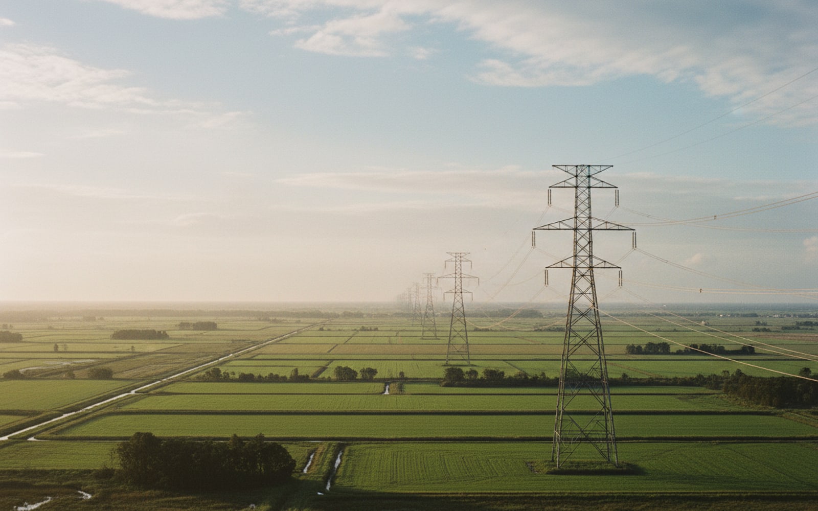 Transmission pylons crossing flat green delta farmland under a wide pale sky