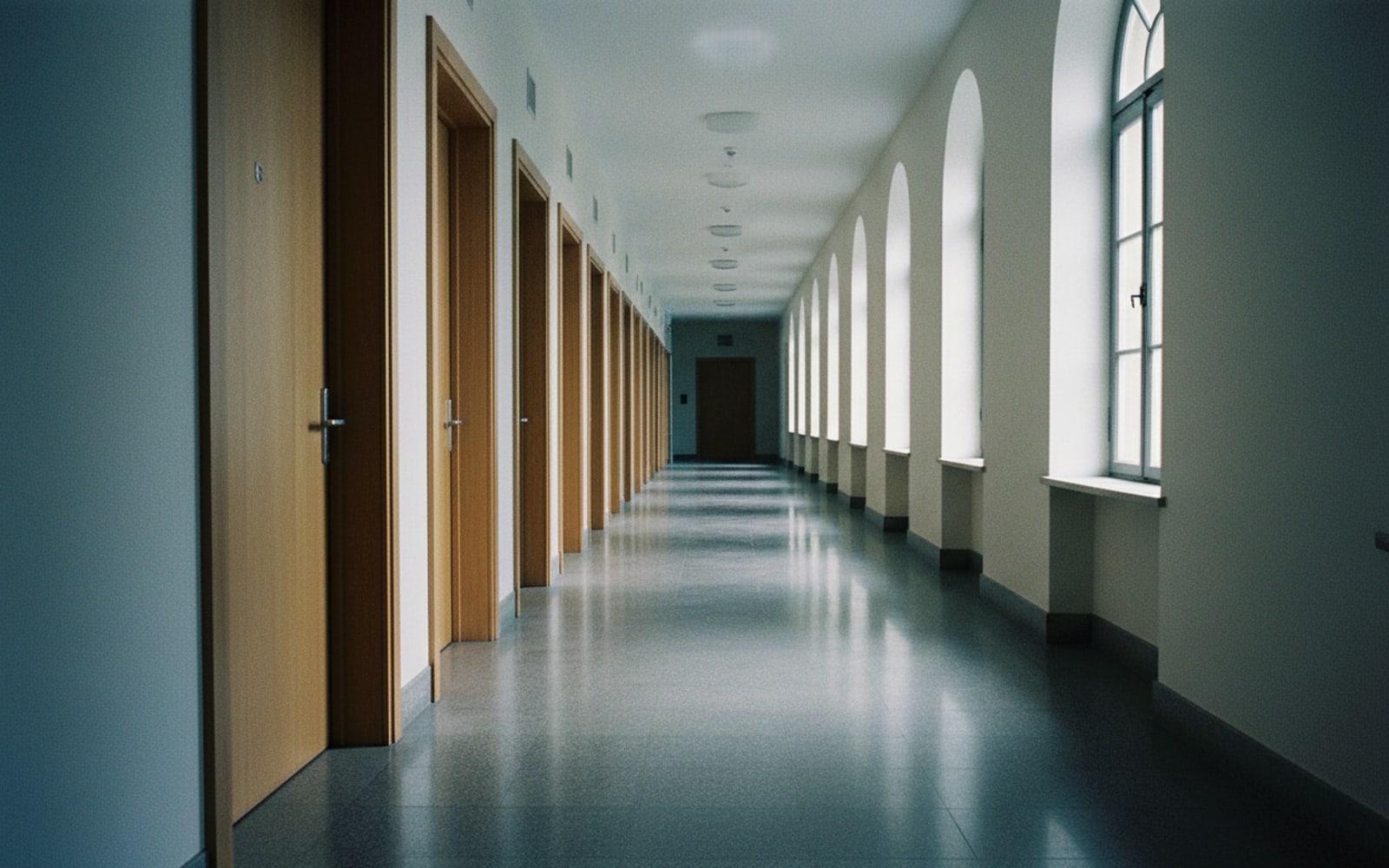 A long empty institutional corridor with repeating door bays and tall windows in cool daylight