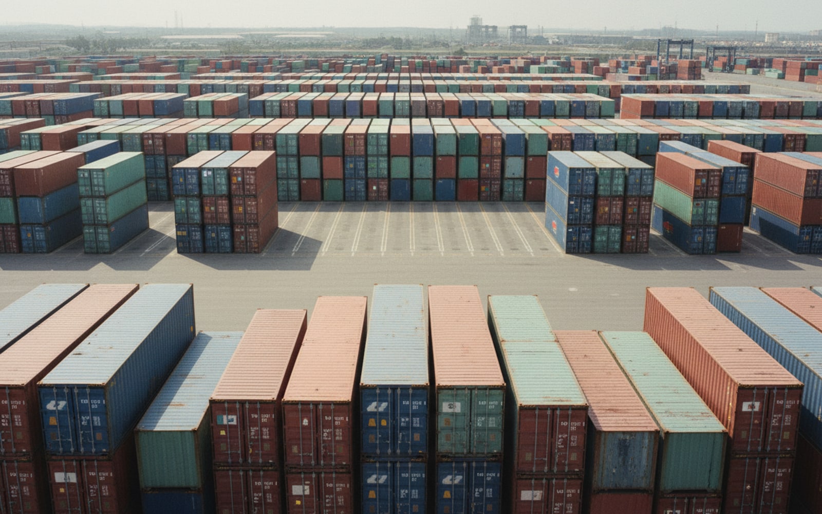 Overhead view of stacked shipping containers forming a muted grid