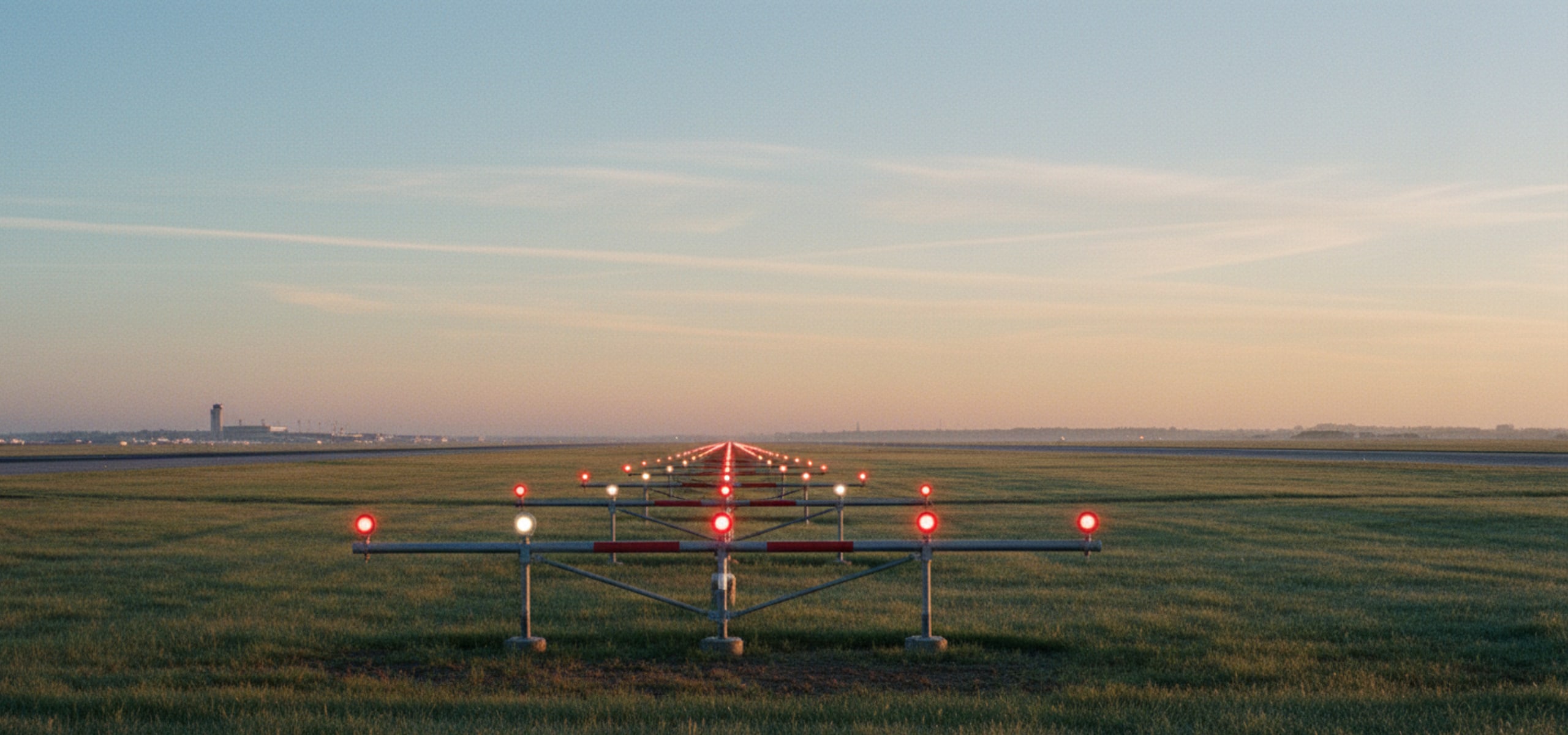 Wide airport apron at dawn with aircraft at stand and ground equipment