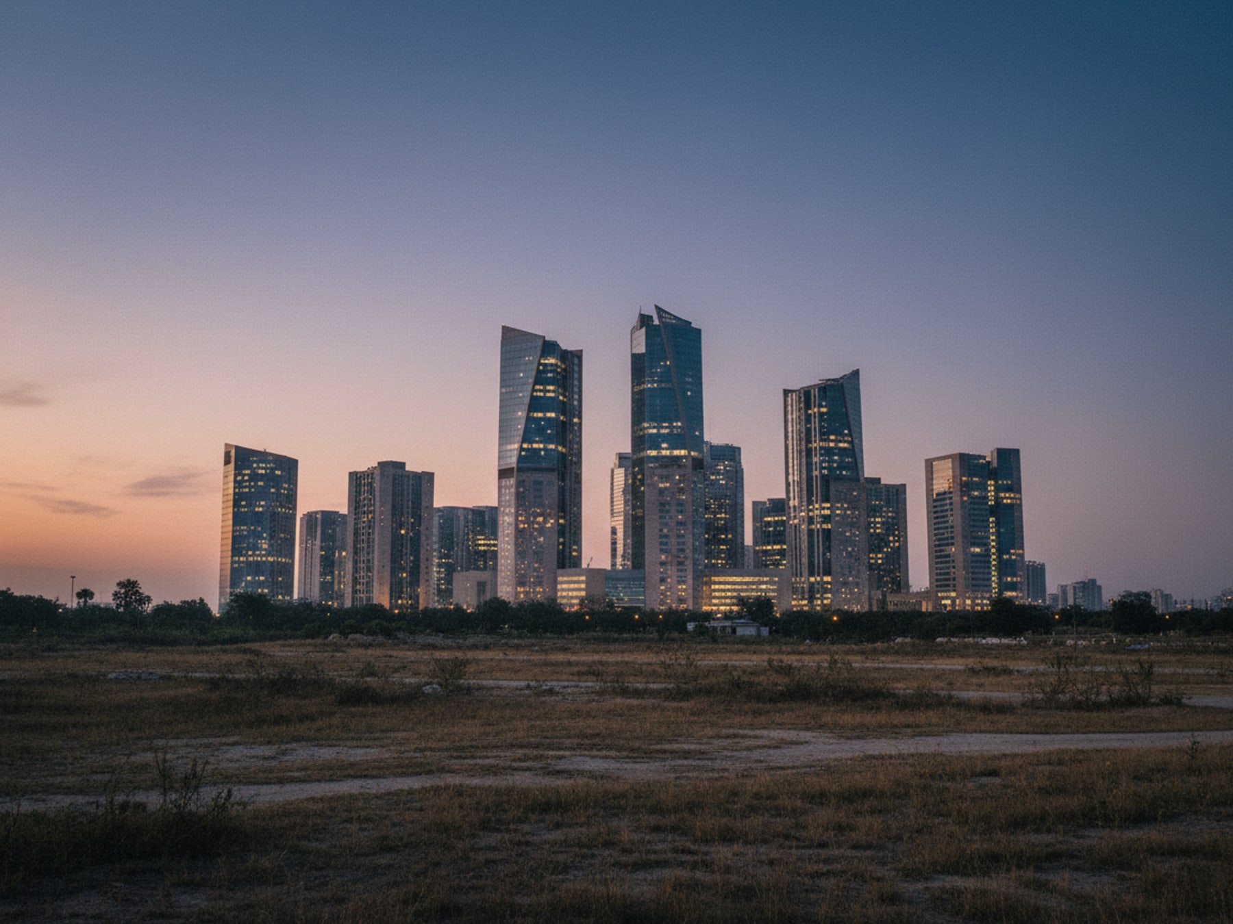 Dhaka central business district at dusk, glass towers under a warm sky