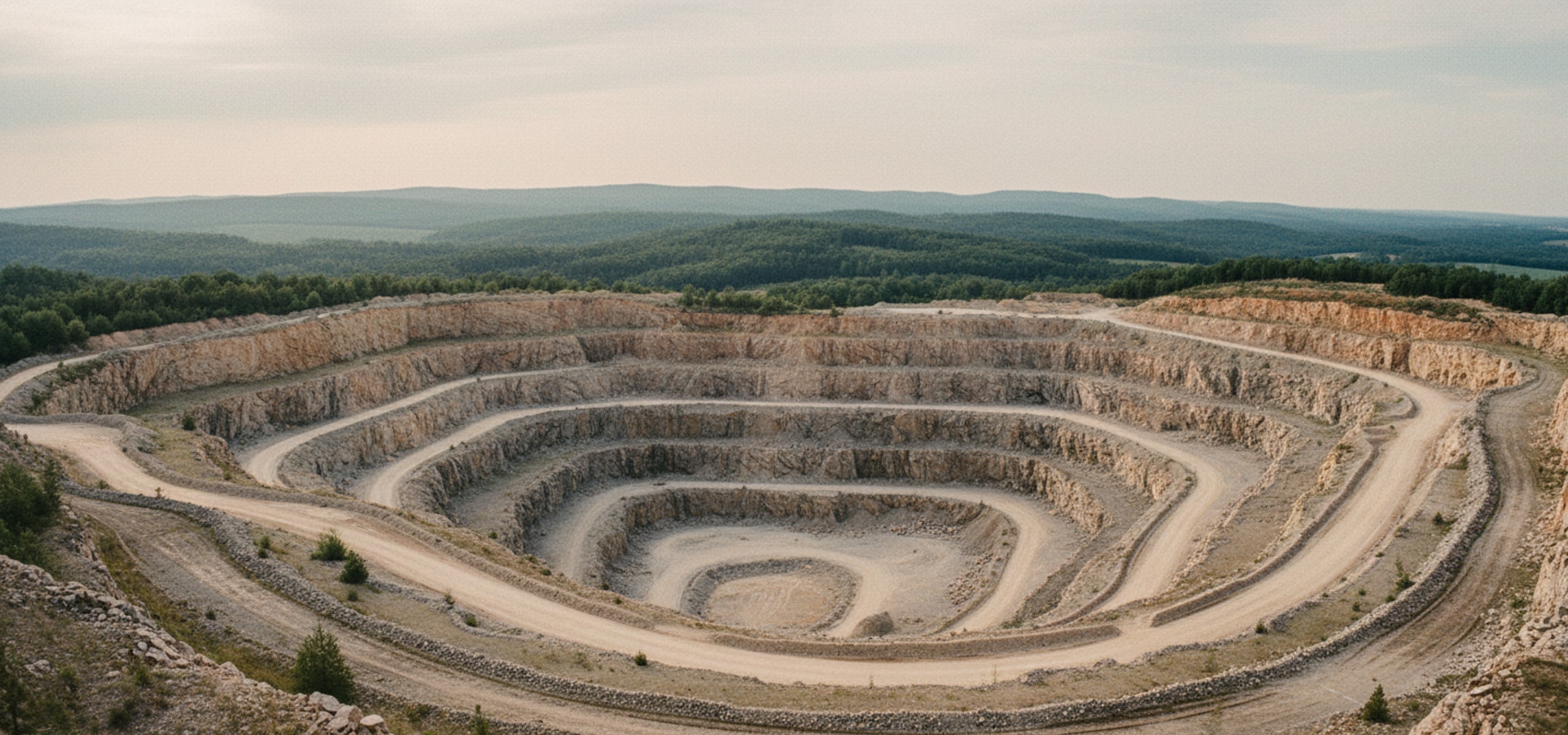 Open terraced quarry cut into hillside under overcast sky