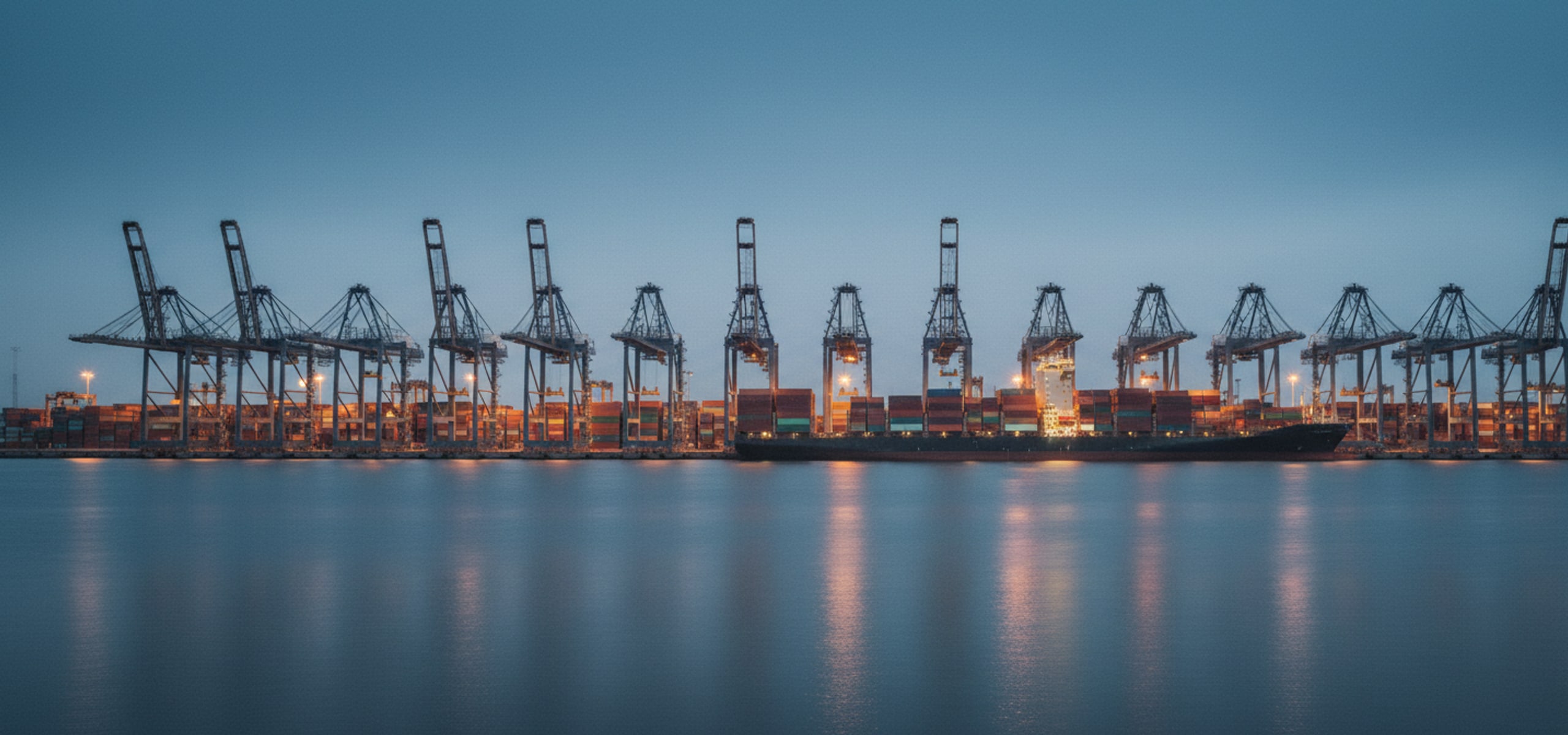 Container port with gantry cranes and stacked containers at blue hour