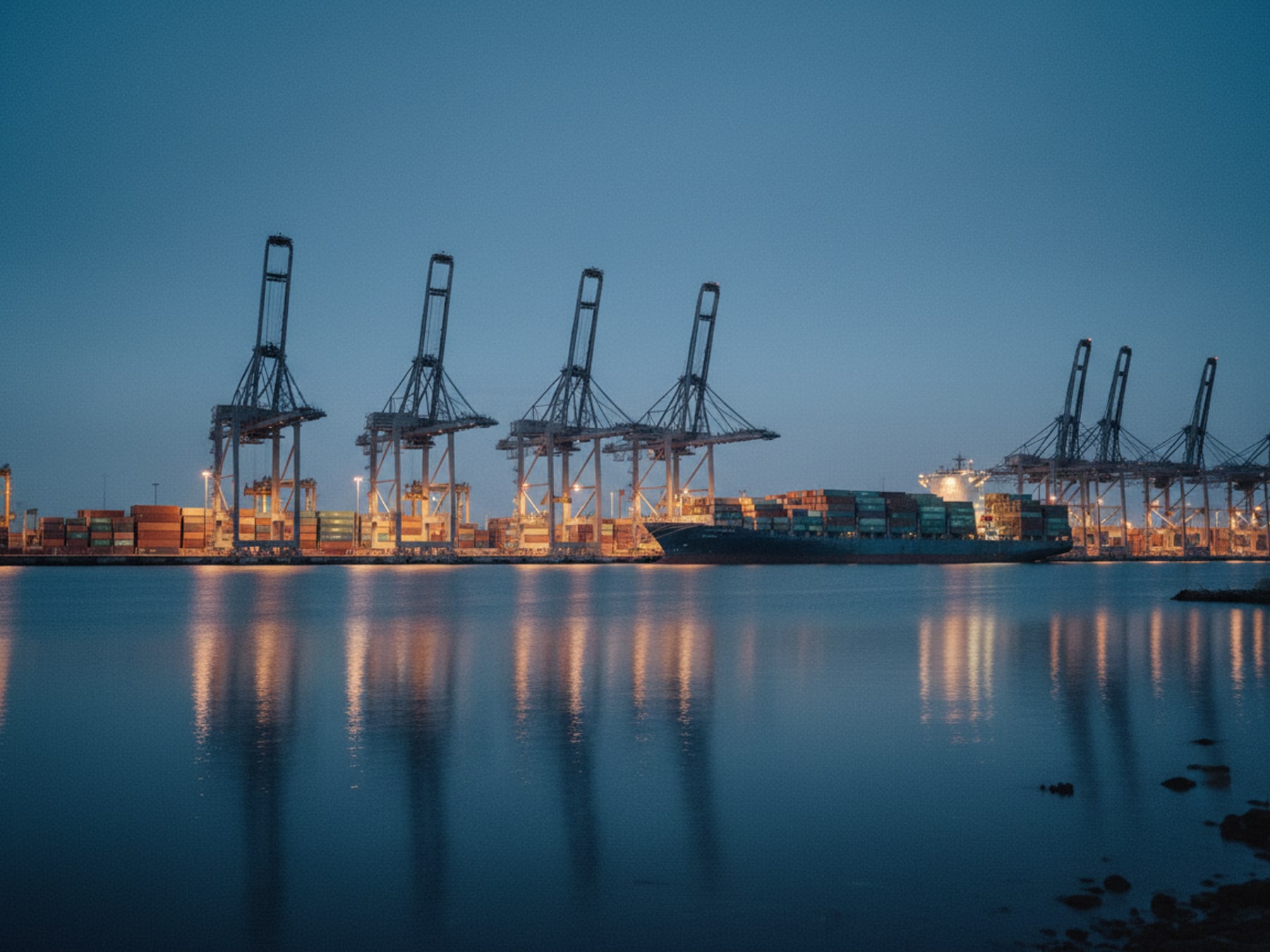 Container port with gantry cranes and stacked containers at blue hour