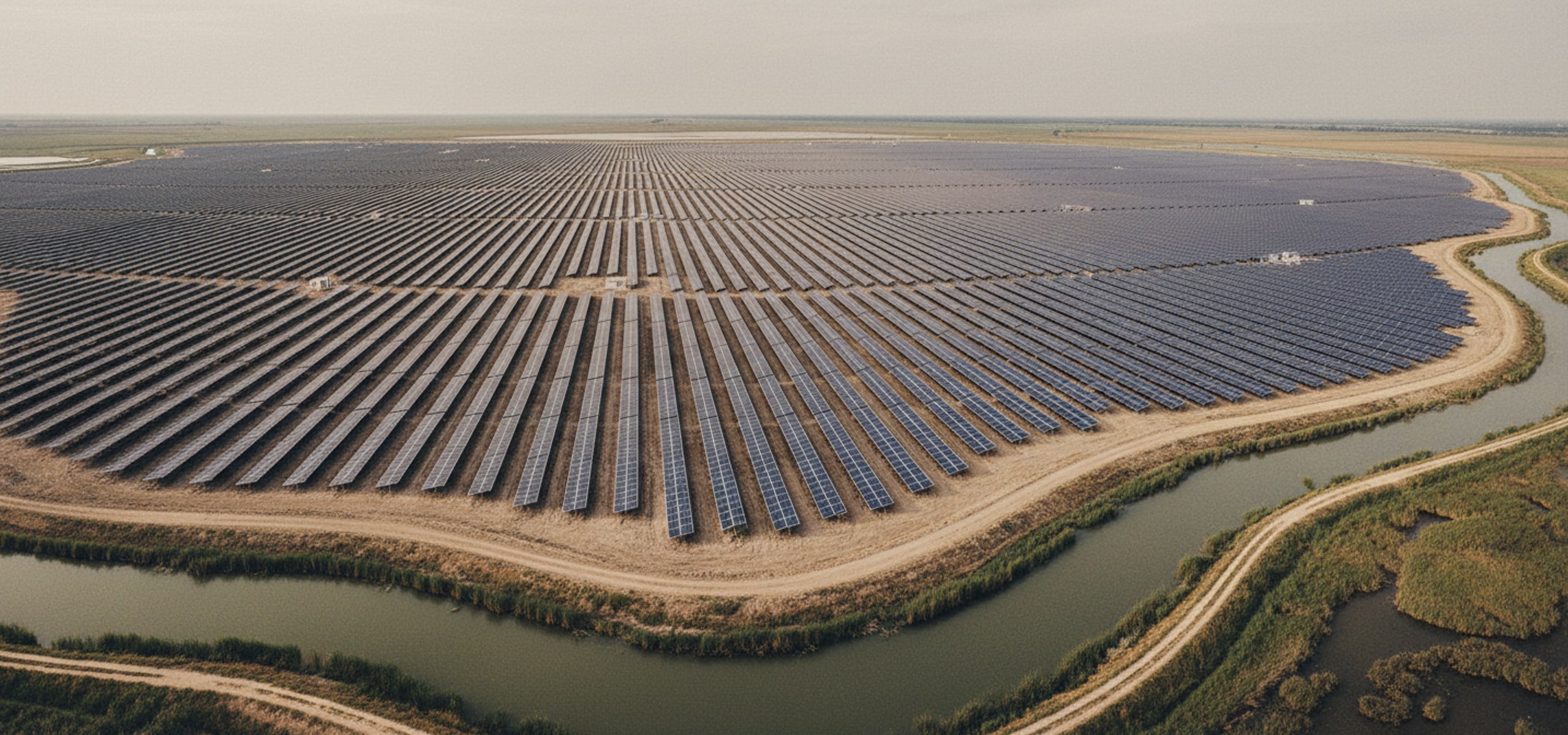 Rows of solar panels across flat delta landscape under wide open sky
