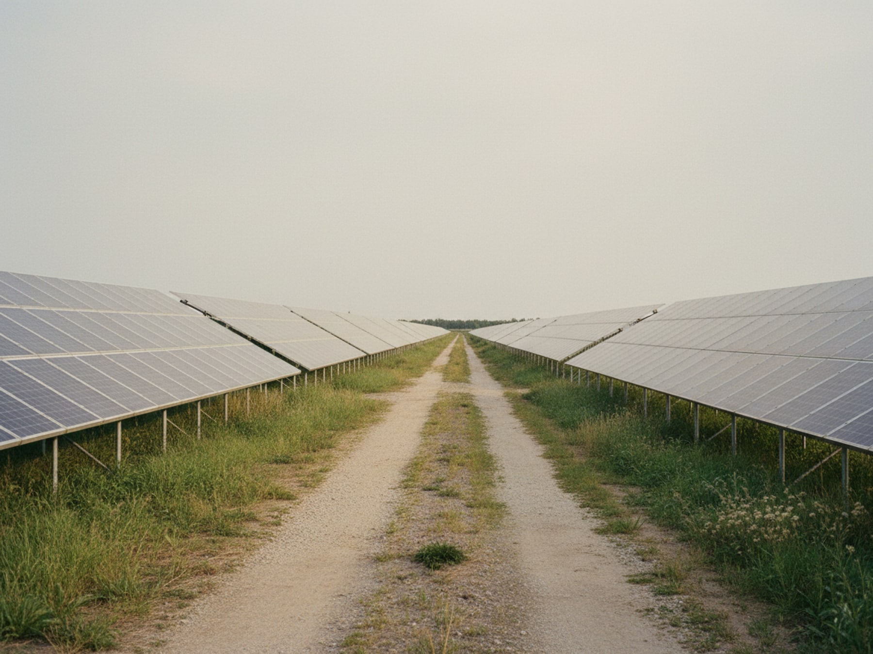 Rows of solar panels across flat delta landscape under wide open sky