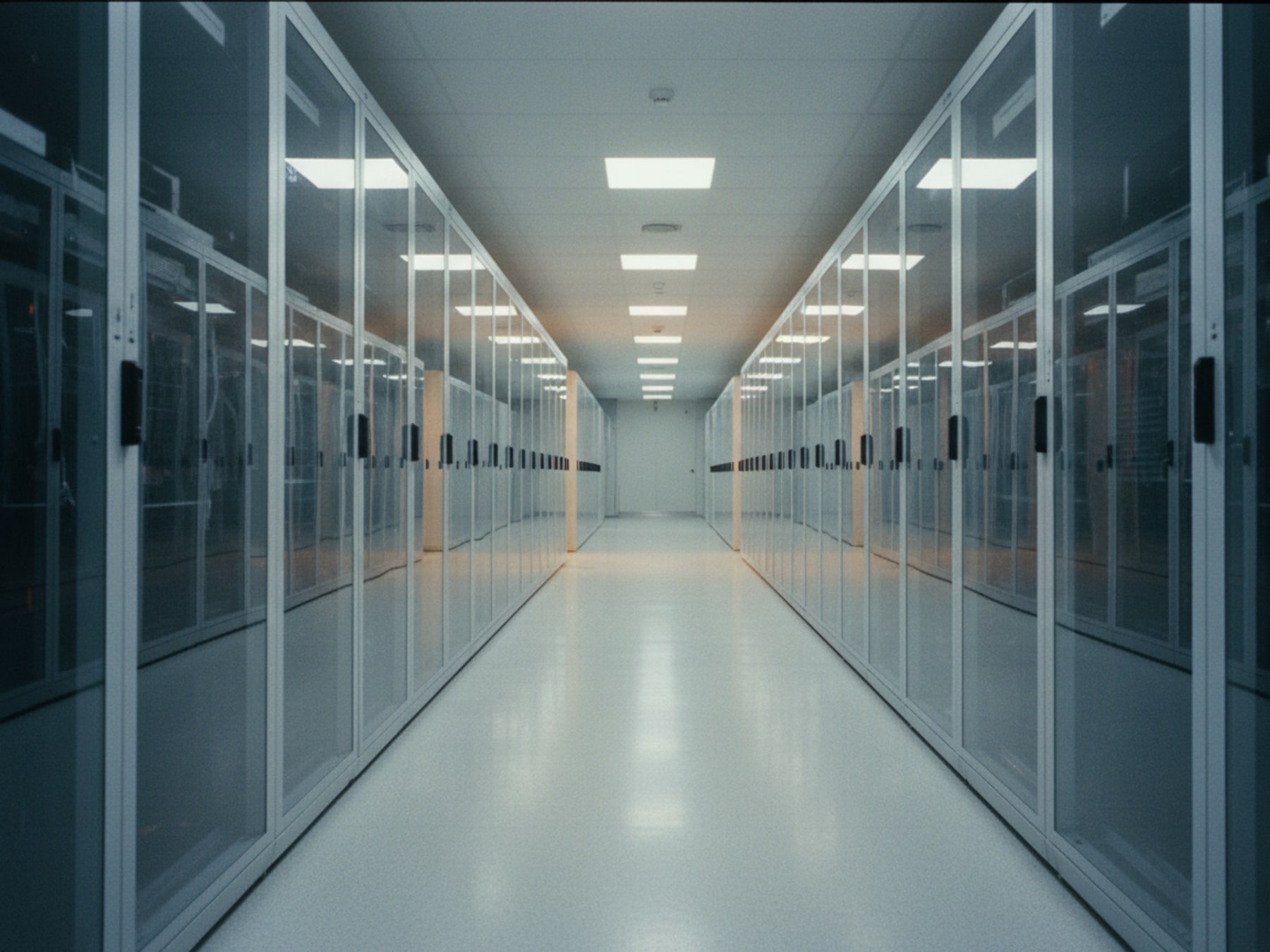 Data centre hall with cold aisle containment and clean lines