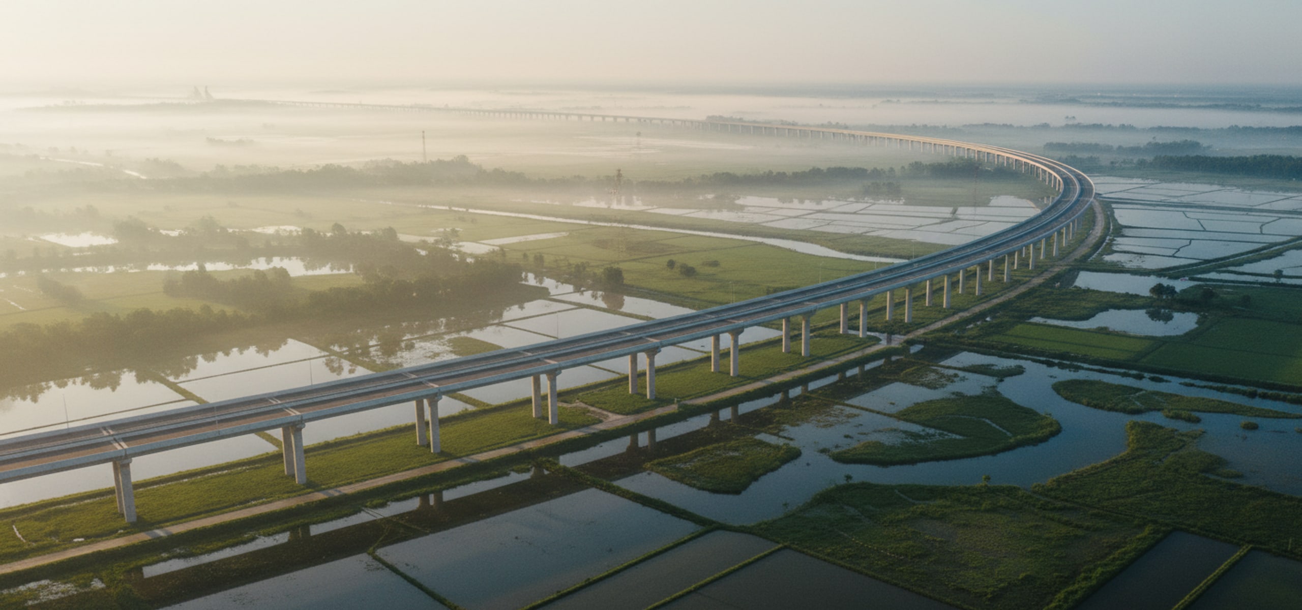 Long elevated expressway curving through green delta landscape at first light